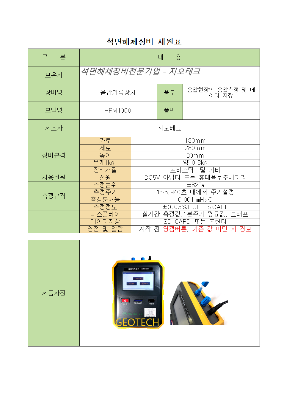 소형음압기록장치 제원표
